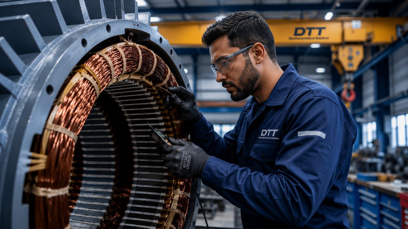 DTT technician inspecting industrial electromechanical equipment